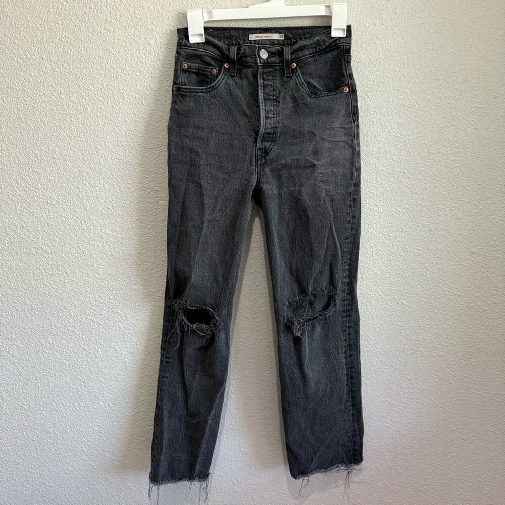 Levi's Jeans Women's 25 Ribcage Straight Ankle High Rise Fray Raw Hem Black Grey